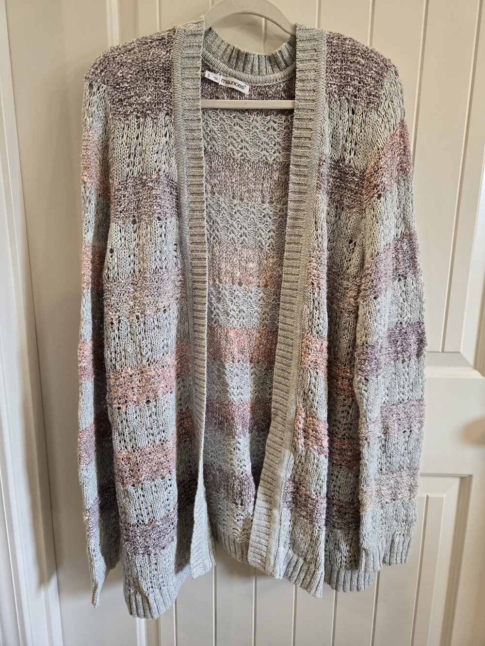 Maurices Open-Front Pastel Stripe Knit Cardigan - Light Gray/Pink Size 3x